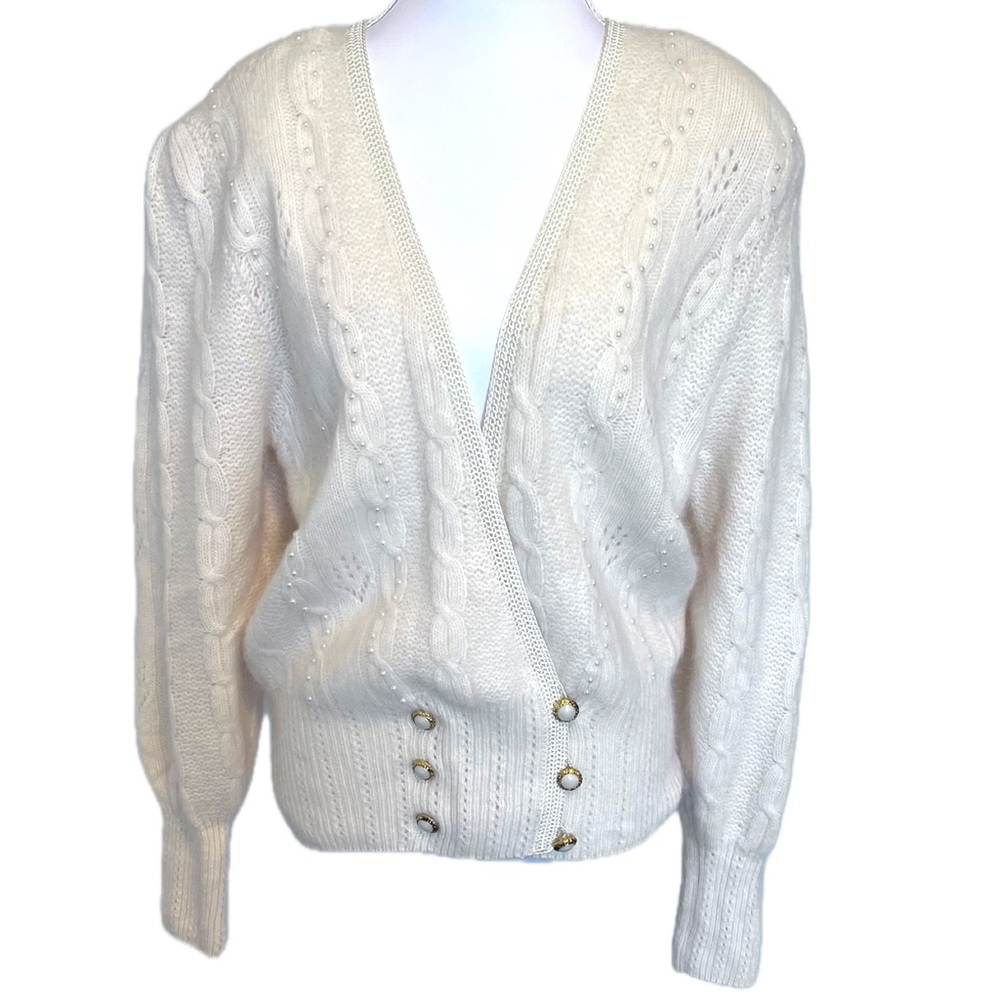Vintage Wool Angora Ivory cardigan faux pearls deep V button front Sz Medium